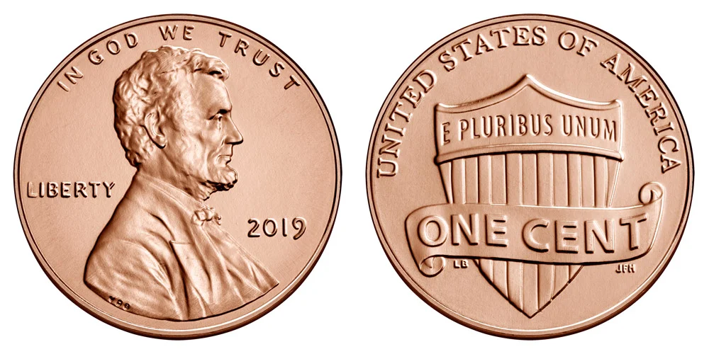 2019-W Lincoln Shield penny obverse and reverse showing the W mint mark below the date