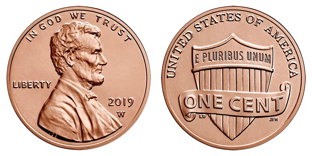 Side-by-side comparison of a 2019 Philadelphia penny (no mint mark) and a 2019-W West Point penny showing the W stamp below the date