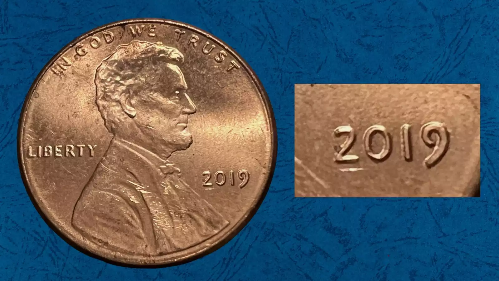 2019 Lincoln penny Doubled Die Obverse showing doubling on IN GOD WE TRUST and date under magnification