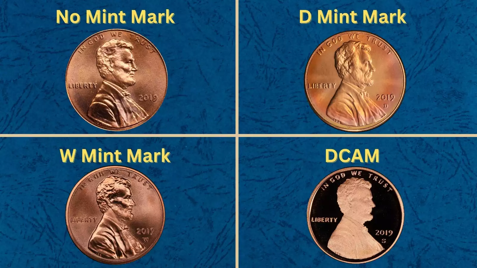 West Point Mint facility or group of 2019 Lincoln pennies from all four mints showing P, D, S, and W mint marks